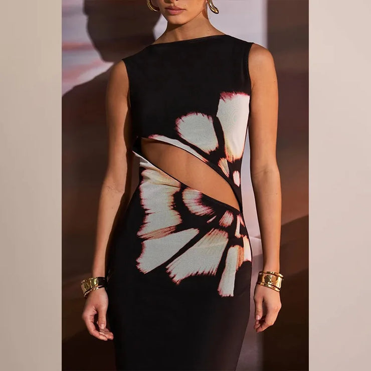 Print Hollow Out Sleeveless Party Dresses