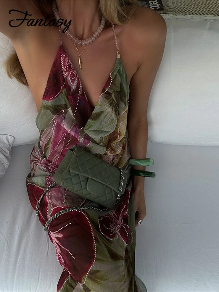 Sexy Floral Print Halter Dress
