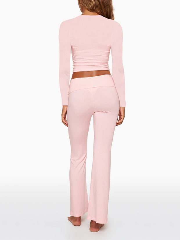 Pink Long Sleeve and High Waist Flare Pant set