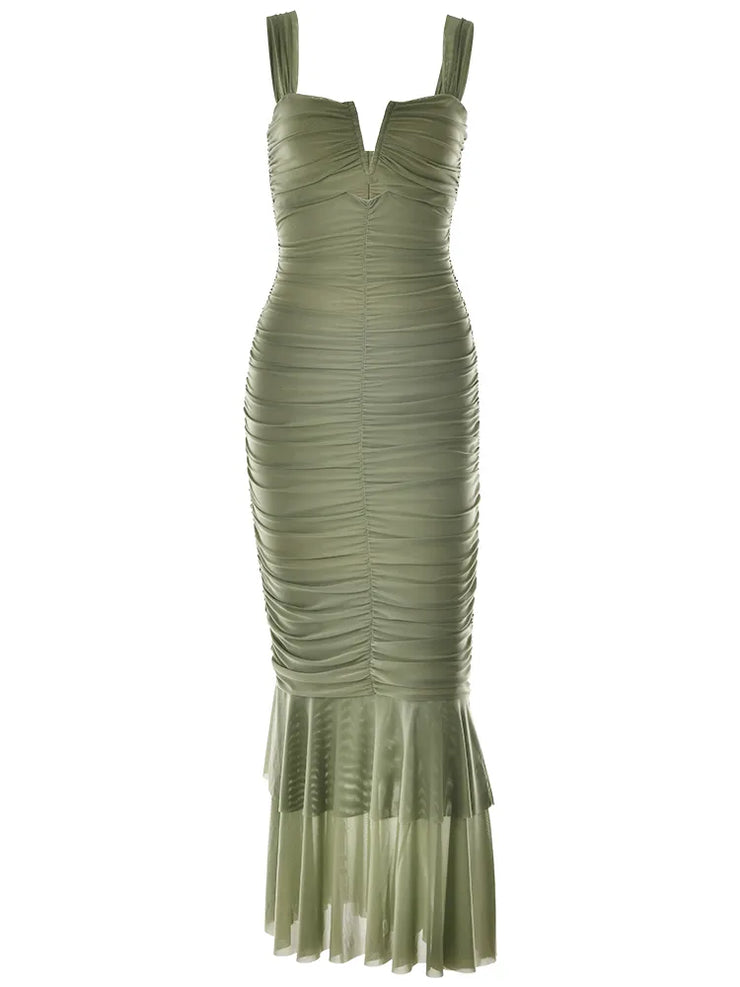 Shirring Mermaid Strap Dress - Green