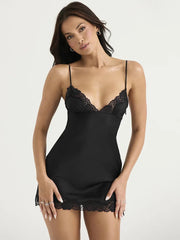 Black Lace Satin Slip Mini Dress