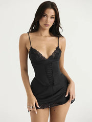 Black Lace Satin Slip Mini Dress