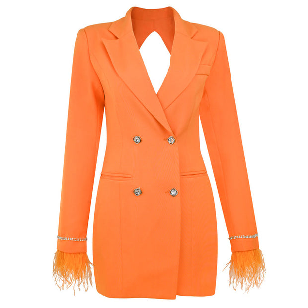 Orange Embroidered Feather Blazer