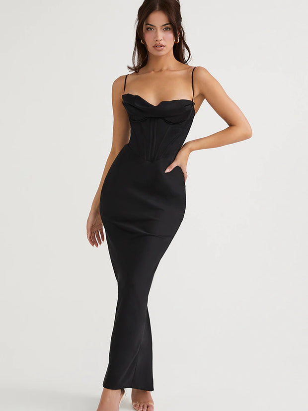 Black Satin Corset Maxi Dress