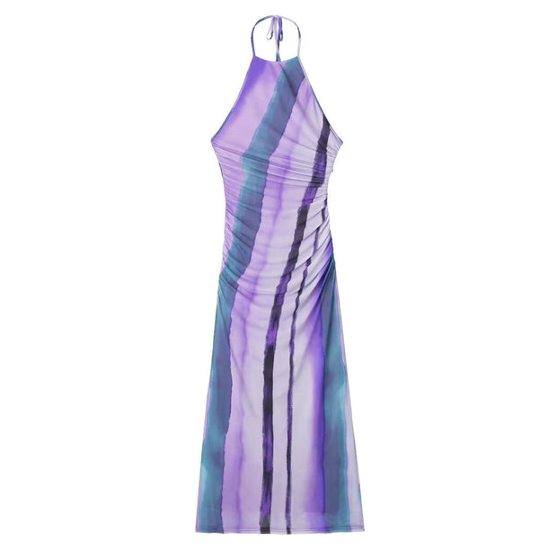 Purple Print Halter Tulle Dress