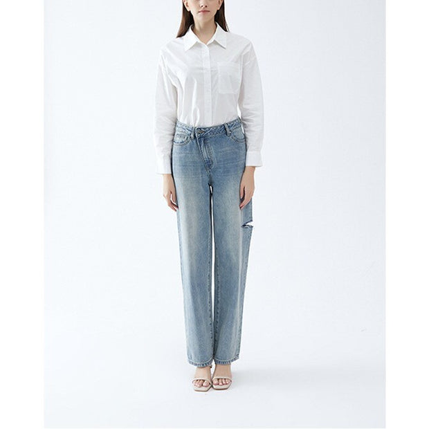 Fashion Placket Side Hole Jeans