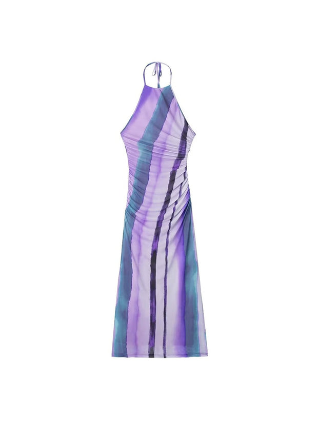 Purple Print Halter Tulle Dress