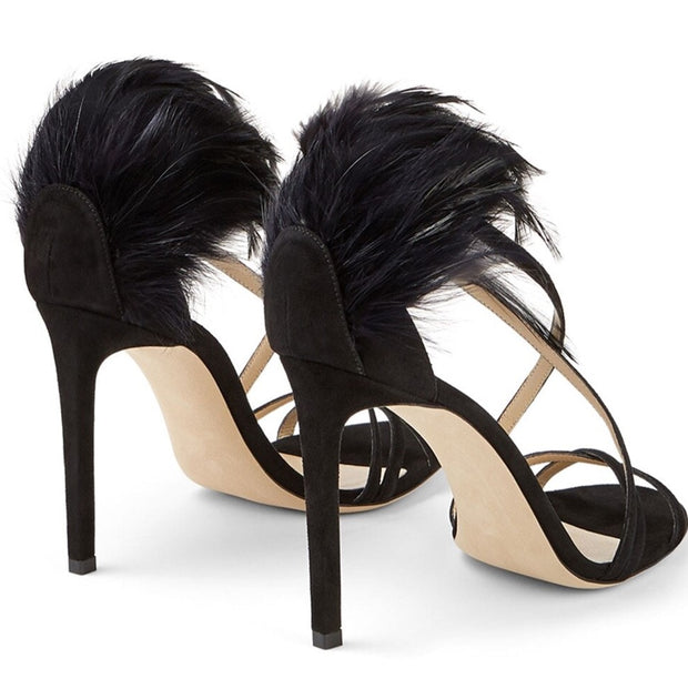 Black Feather Strap High Heels