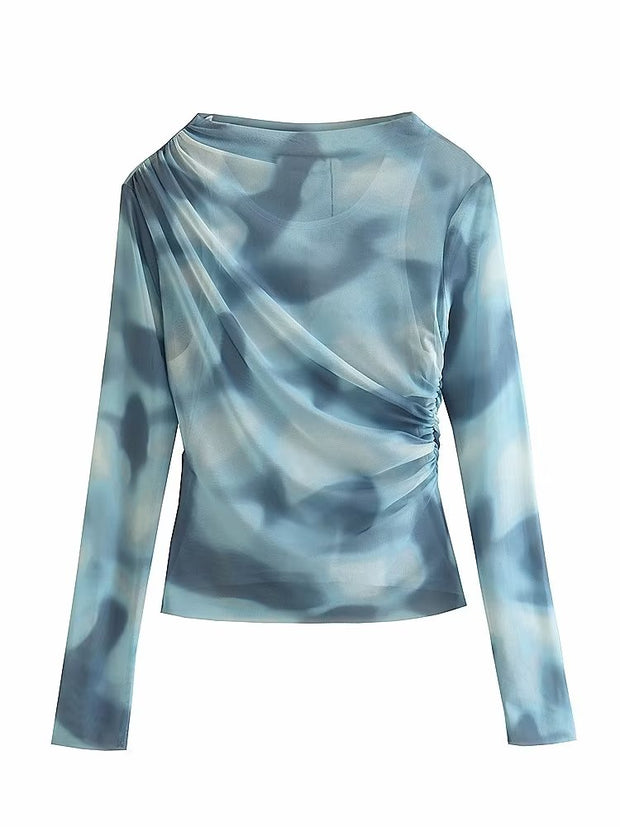 Ruched Printed Tulle Blouses