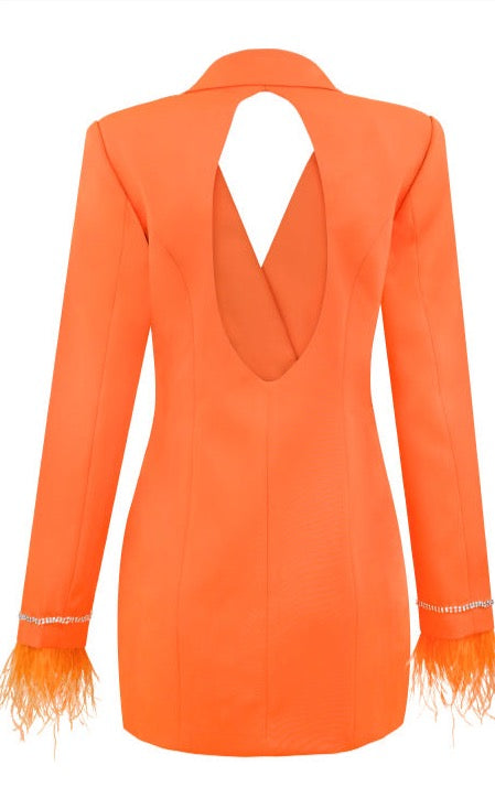 Orange Embroidered Feather Blazer